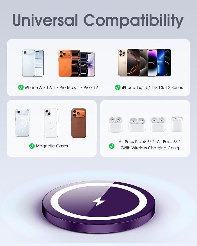 for Apple Mag-Safe Charger 2 Pack, Magnetic Wireless Charger, Violet | Made for iPhone 17/17 Pro/17 Pro Max/Air/16 15 14 13 12 Pro Max Plus mini, Charging Pad for Airpods Pro 3 2,Strong Magnet - Image 6