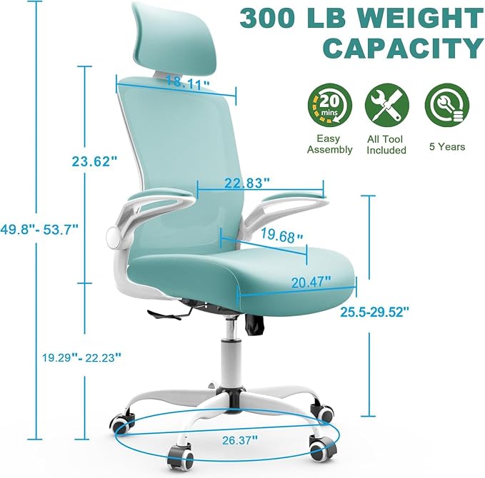 Mimoglad Office Chair, High Back Ergonomic Desk Chair with Adjustable Lumbar Support and Headrest, Swivel Task Chair with flip-up Armrests for Guitar Playing, 5 Years Warranty - Image 2