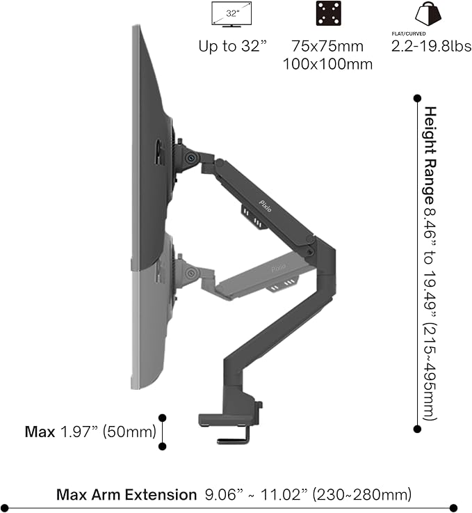 Pixio PS1S Wave Black Single Monitor Arm Stand Desk Mount - Fits up to 32 inches Monitors and up to 19.8lbs. VESA Compatibility and Integrated Cable Management - Image 4