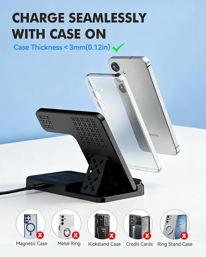 3-in-1 Charging Station for Samsung, Foldable Wireless Charger Stand | Android Phone and Watch Charger for Samsung S26/S25/S24/S23/S22/S21, Note 20/10, Z Fold 6/5, Galaxy Buds and Watch-Black - Image 3
