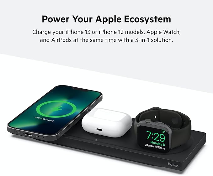 Belkin MagSafe 3 in 1 Wireless Charging Pad, Fast Charger (Renewed) | Apple Watch, iPhone 17/16/15/14, AirPods compatible, fast charging, certified refurbished, multi-device, Magnetic - Image 3