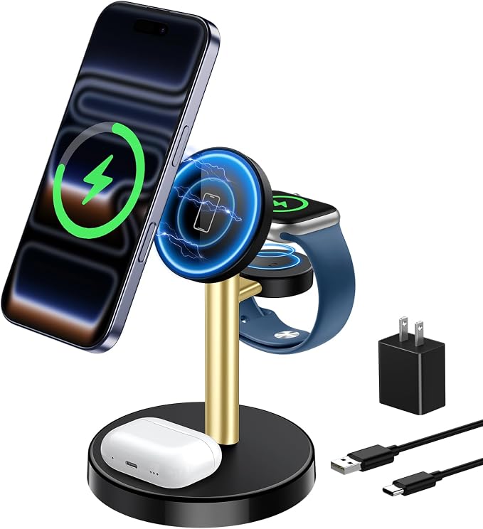 Aeinidi 3 in 1 Fast Wireless Charging Station for Apple, 15W Strong Magnetic Charging Stand Compatible with MagSafe Charger for iPhone 17 16 15 14 13 12 Apple Watch AirPods Series, Adapter Included by Aeinidi