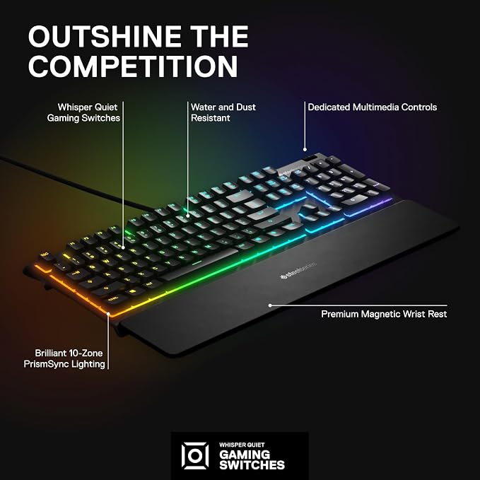 SteelSeries Apex 3 RGB Gaming Keyboard – 10-Zone RGB Illumination – IP32 Water Resistant – Premium Magnetic Wrist Rest (Whisper Quiet Gaming Switch) - Image 3
