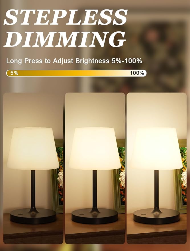 Shower Lamp IP54 Waterproof, Cordless Rechargeable Table Lamp, Outdoor Use | 4000mAh Battery Operated, Dimmable Touch Desk Light for Bathroom, Bathtub, Kitchen, Bedroom, Patio, Camping, Black 1Pack - Image 2