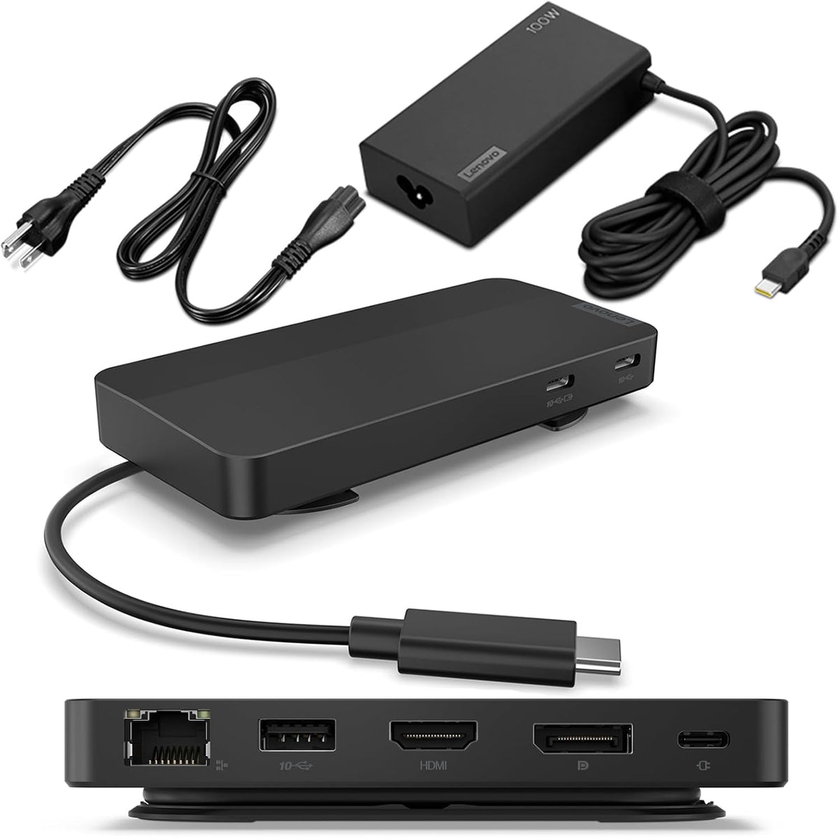 Lenovo USB-C Dual Display Travel Dock w/ 100W Power Adapter - 7 Ports, Integrated USB-C Cable, Universal Compatibility, Dual Displays at 4K - Black by Lenovo