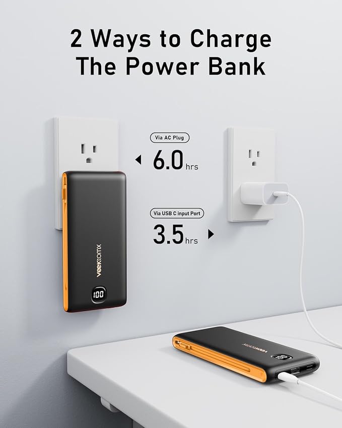 VEEKTOMX 10000mAh Portable Charger with Built-in Cables & Wall Plug | Fast Charging Slim USB-C Power Bank for iPhone, Samsung, iPad | 5 Outputs, Charges 4 Devices, ETL Certified, Black Yelllow - Image 4