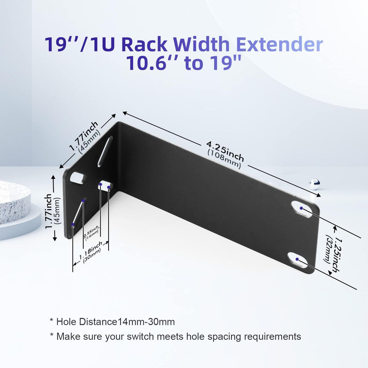 Rack Mount Kit for 10.6 inch Switches, Adjustable Rack Ears for Netgear, Cisco, D-Link, TRENDnet and HP Products, Mount 10.6" Wide to 19" Equipment, Adjustable Hole Distance 14-30mm - Image 2