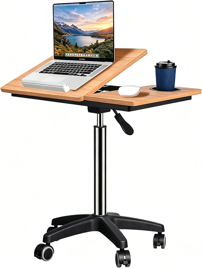 wishacc Large Rolling Desk Adjustable Height with Drawers, Mobile Standing Desk on Wheels, Portable Computer Workstation, White Sit to Stand Desk with Cup Holder & Storage for Home Office (Large) by wishaccDirect