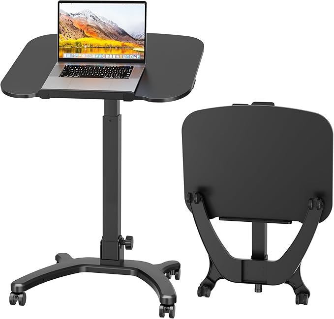 BONTEC Mobile Foldable Standing Desk, Gas Spring, 25.6 x 19.7 Inch, Black | Portable Adjustable Height Laptop Table with Wheels, Small Rolling Design for Home, Office, Bedroom and Medical Use by BONTEC