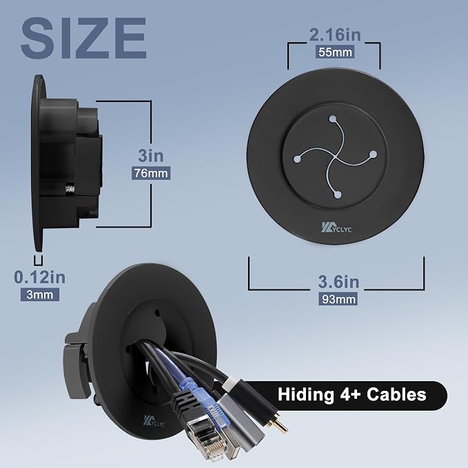 Cable Hider Wall Grommets for Cables, 3” in Wall Cable Management Kit | Black Wire Hiders for TV on Wall, Wire Hider Wall to Install Includes 4 Pass Brackets and 1 Hole Saw Drill - Image 3