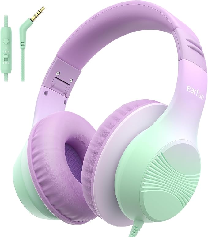 EarFun K3 Kids Headphones, Wired Kids Headphones with Mic for School/Travel | Built-in Mic, 85/94dB Volume Limit, HD Stereo Sound, 3.5mm Jack, Foldable Wired Headphones for Boys/Girls/Tablet/iPad, Purple by EarFun