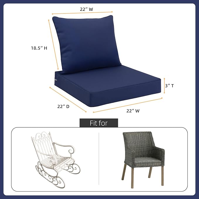 Favoyard Outdoor Patio Seat Cushions Set, 22 x 22 Inch, Waterproof, Blue | Fade-Resistant, Removable Cover, Deep Seat & Back Cushion, Tie Straps for Patio Furniture, Garden, Rocking Chair, Sofa Couch - Image 2