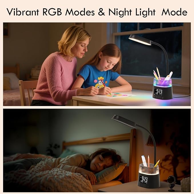 WILIT LED Desk Lamp, Dimmable Study Lamp for Home Office Accessories, Black | Table Lamp with Pen Holder & Clock, USB Charging Port, RGB Night Light, Bedroom & College Dorm Room Essentials for Boys Girls - Image 2
