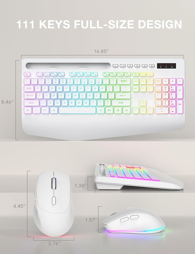 Wireless Keyboard and Mouse Combo - 9 Backlit Effects, RGB, 2.4Ghz | Ergonomic Wrist Rest, Phone Holder, Rechargeable, Full Size, KM22 MAX Silent Set for Computer, Laptop, Mac, Windows (White) - Image 9