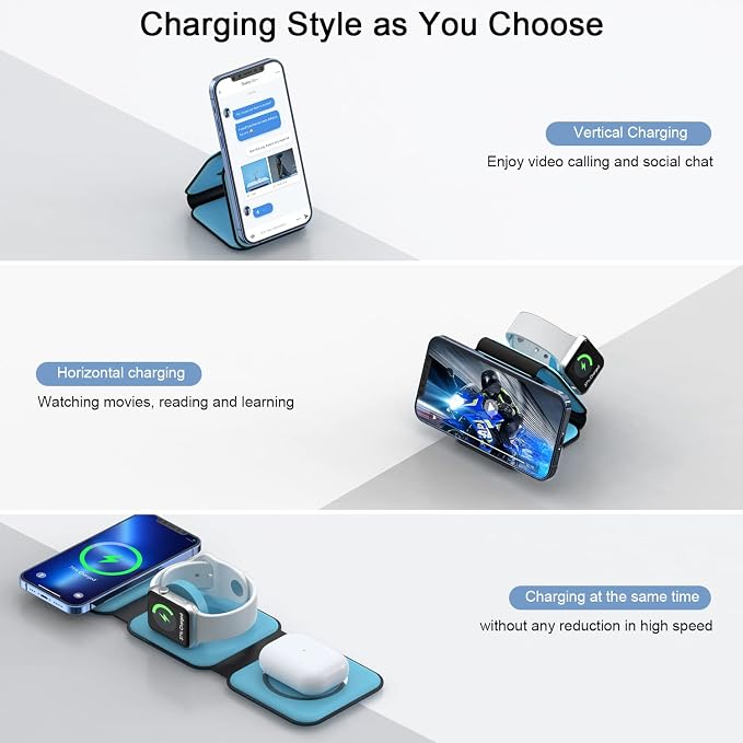 Wireless Charger 3 in 1,RTOPS Magnetic Traval Wireless Charging Station Multiple Devices,GaN 3 in 1 Charging Station,Compatible iphone17/16/15/14/13/Pro/Max,iWatch,AirPods4/3/2/Pro(Adapter Includes) - Image 2