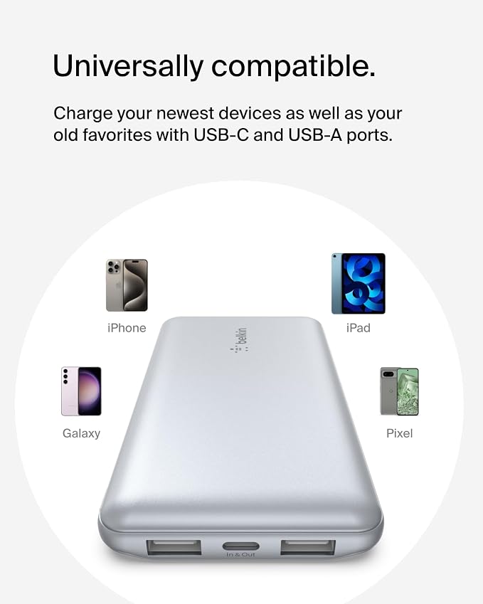 Belkin 10000mAh 15W 3 Port Power Bank, USB A to USB C Cable Included | Fast Charging, iPhone 17, Samsung Galaxy, Pixel, Airpods, iPad, Nintendo Switch 2, Battery Pack, USB C Port, USB A Port - Image 7