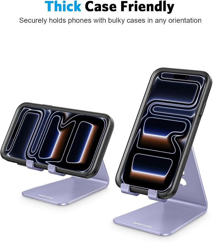 OMOTON Adjustable Cell Phone Stand, C2 Aluminum Desktop Cellphone Stand with Anti-Slip Base and Convenient Charging Port, Fits All Smart Phones, Haze Purple | Sturdy 3mm Aluminum, Charging Port, 270° Adjustable, Non-Slip Silicone Pads, Works with Thick... - Image 8