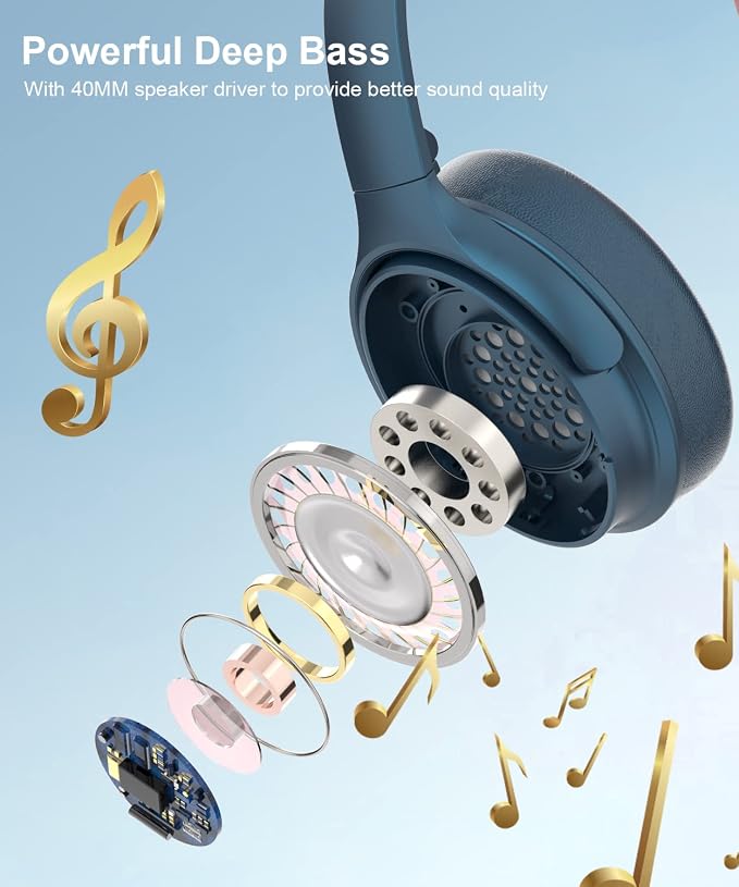 INFURTURE Active Noise Cancelling Over Ear Bluetooth Headphone Deep Bass H1 | Comfortable, Hi-Fi Stereo, 90H Playtime, Low Latency, Foldable Lightweight for Travel, Office, Sport Running - Blue - Image 3