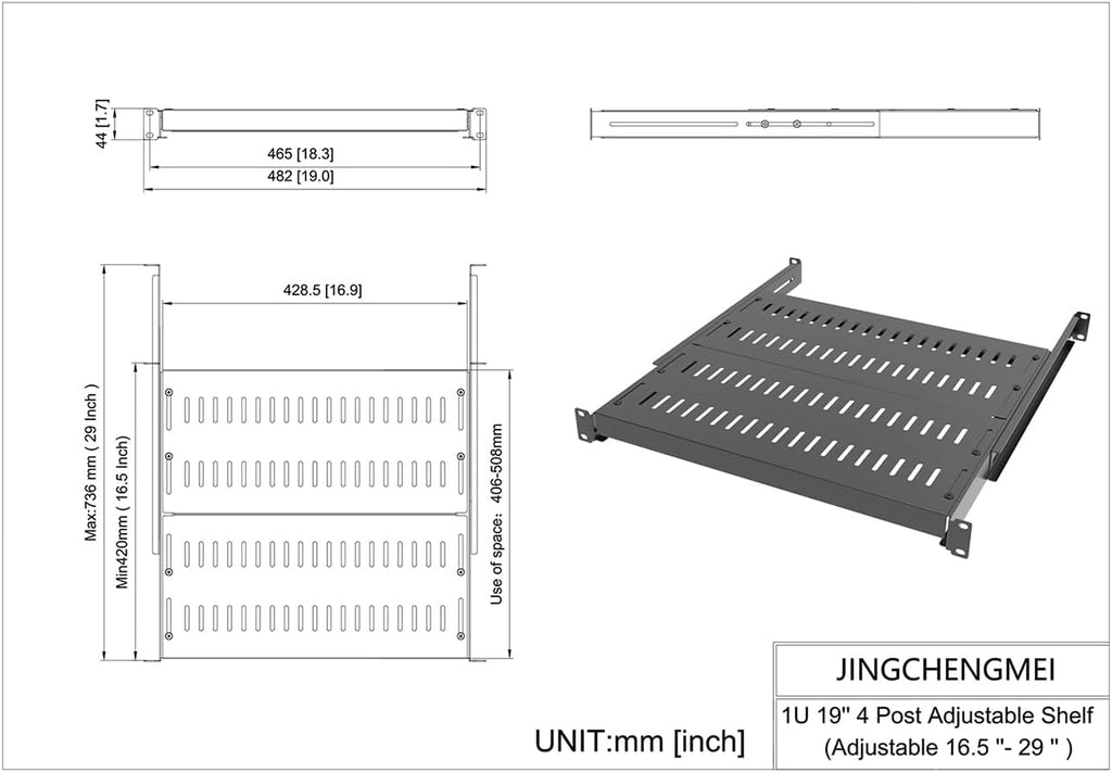 1U Vented 4-Post Adjustable Server Shelf -Mounting 16.5-29" D - Image 7