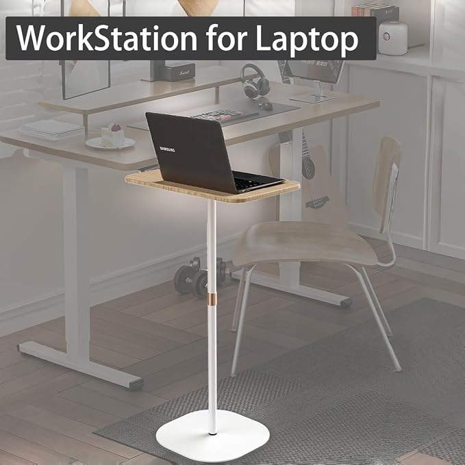 Small Laptop Standing Desk, 18“H - 46”H Adjustable Height Pedestal Side Table with Wooden Top, Portable Tall End Table, Stand-Up Desk for Bedside, Couch, Sofa, Living Room, Bedroom, Home Office, White - Image 7