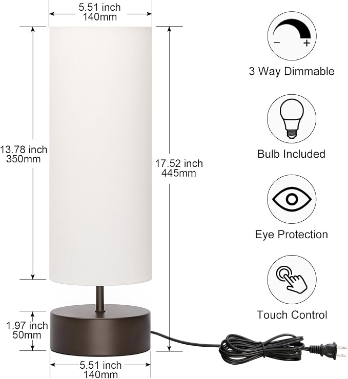 3 Way Dimmable Touch Control Table Lamp, Bedside Table Lamp with Dark Brown Base, Modern Nightstand Lamp with Beige Shade, Simple Night Light for Bedroom Living Room Home Office, 9W LED Bulb Included - Image 2