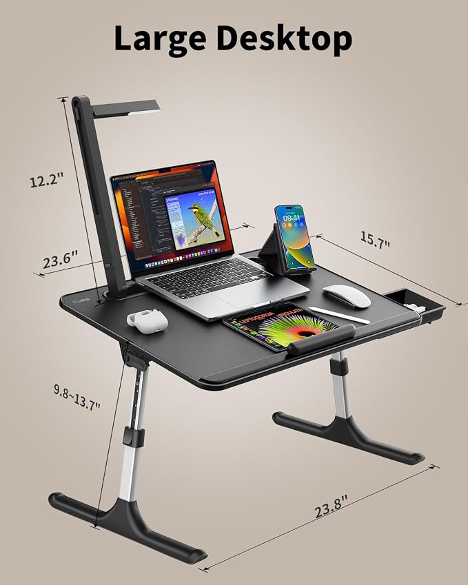 Laptop Table with LED Desk Light, SAIJI Laptop Stand for Bed | Height Adjustments Bed Desk with Book Stand for Reading Writing Drawing (Black) - Image 6