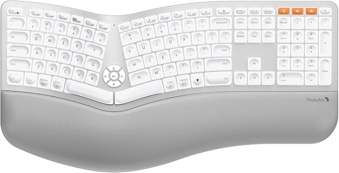 ProtoArc EK01 Plus Backlit Bluetooth Ergonomic Keyboard, White Silver | Adjustable brightness, split design, cushioned wrist rest, connect 3 devices via Bluetooth/2.4G, 2000mAh USB-C rechargeable. by ProtoArc