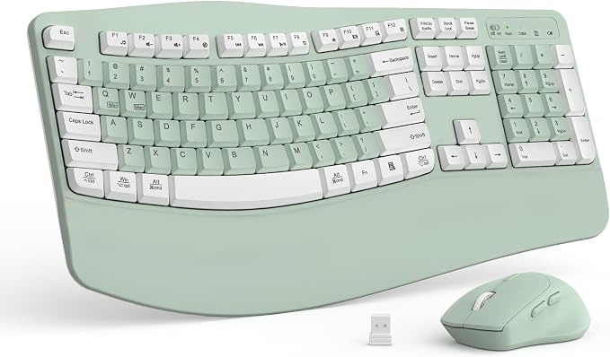 Wireless Keyboard and Mouse Combo,2.4G Ergonomic Wave Keys(Avocado Green-A) | Full Size Cordless Keyboard with Wrist Rest,3-Level DPI Ergonomic Mouse for Office and Home,Windows/Mac OS/Desktop/Laptop/PC by RECCAZR