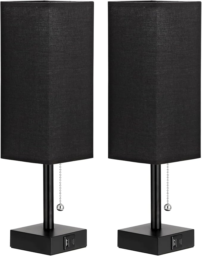 Set of 2 Black Bedside Table Lamps for Bedroom - Nightstand Lamp, USB C+A | Pull Chain Lamp, 3 Color Modes(3000K/4000K/5000K), E26 LED Bulb Included, Square Black Fabric Lampshade, for Read, Work, Dorm - Image 9