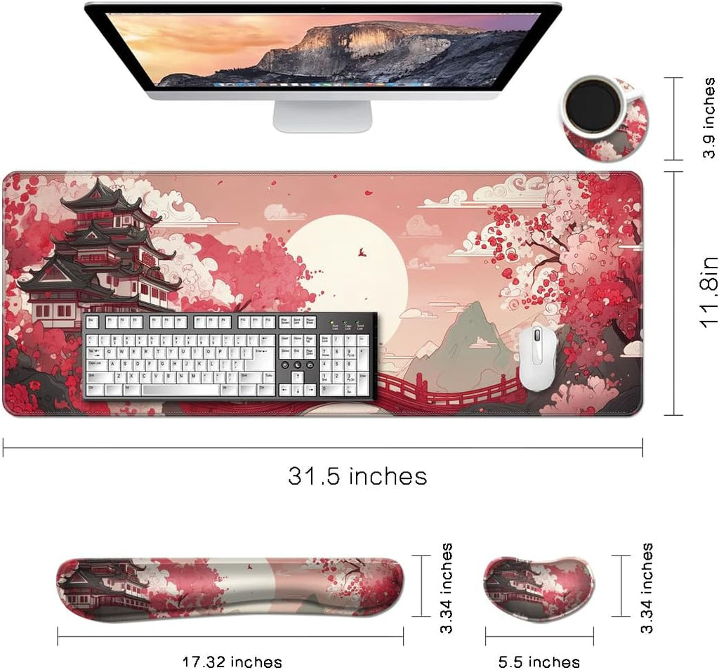 Desk Mat, Large Gaming Mouse Pad with Wrist Rest, 4 in1 XXL Mouse pad+Keyboard Wrist Rest+Mouse Pad Wrist Support+Cup Coaster Set, Ergonomic Desk Pad for Home Office, Japanese Sunrise - Image 2