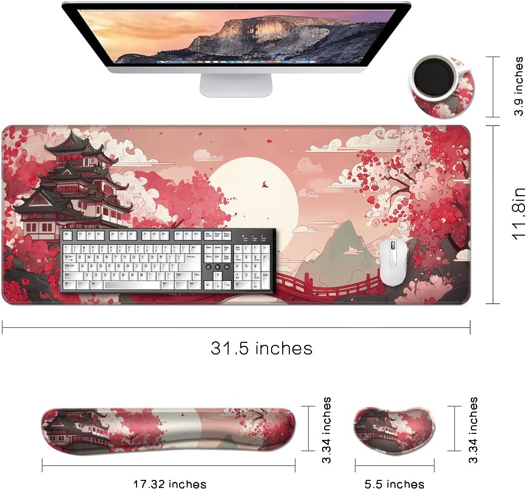 Desk Mat, Large Gaming Mouse Pad with Wrist Rest, 4 in1 XXL Mouse pad+Keyboard Wrist Rest+Mouse Pad Wrist Support+Cup Coaster Set, Ergonomic Desk Pad for Home Office, Japanese Sunrise - Image 2