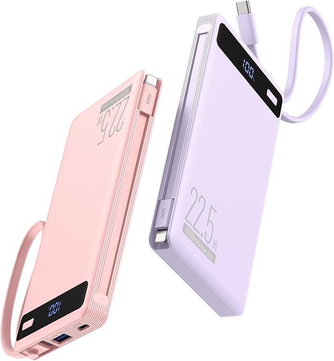 2Pack-10000mAh 22.5W Portable Charger Power Bank,Built-in Cables, PK‌&PUR | 4 Outputs & 2 Inputs | 22.5W Fast charging | LED display | Slim Battery Pack for iPhone, Samsung Galaxy, Android by Unknown