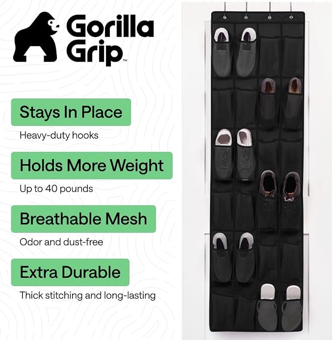 GORILLA GRIP Over the Door Shoe Organizer, 24 Large Pockets, Black 2 Pack | Breathable Mesh Pocket, Space Saving Hanging Storage Holder, Closet Rack Hanger for Shoes, Pantry and Bathroom Accessories - Image 2