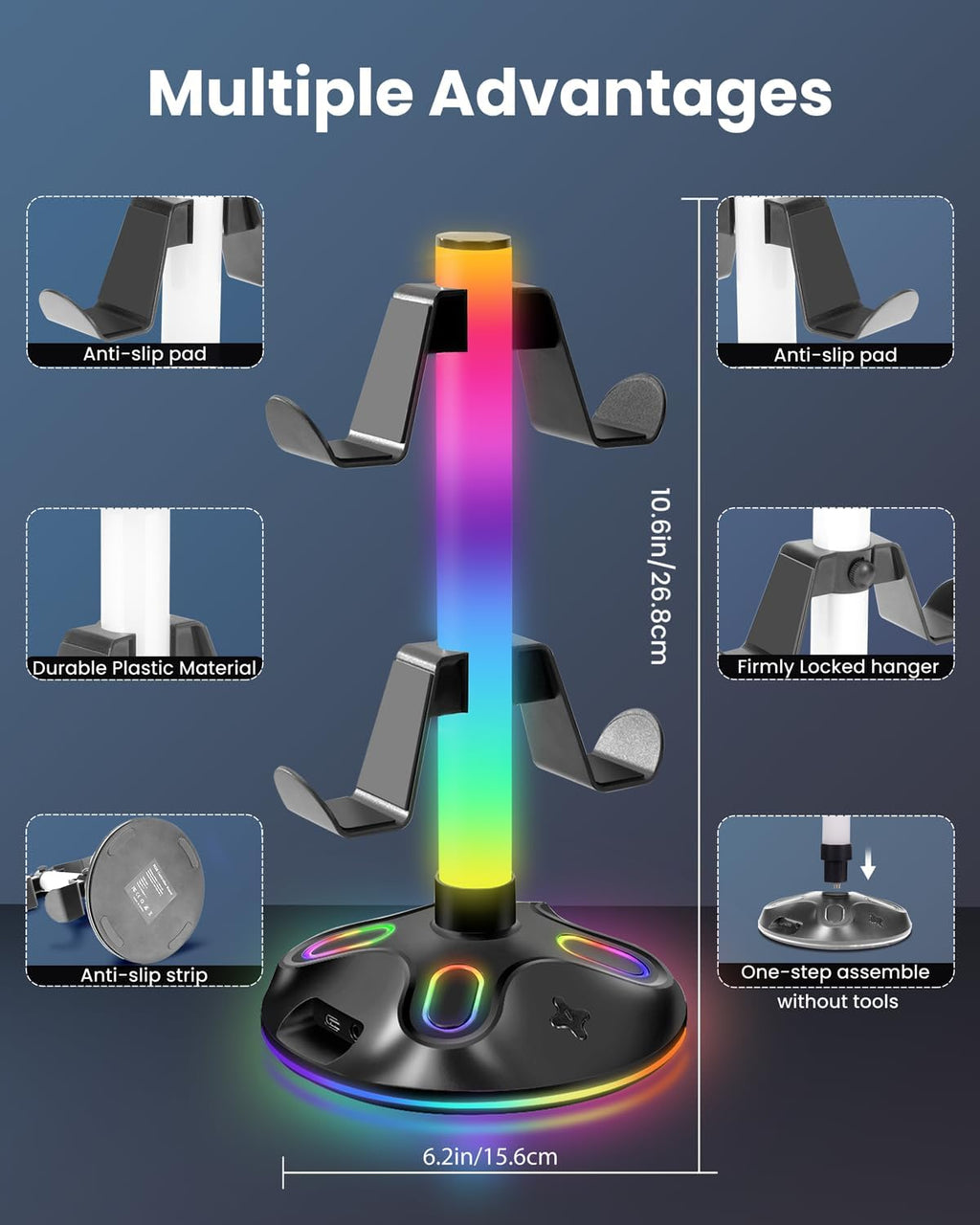 RGB Headphone Stand for Desk, Innovative Headset Stand with 9 Light Modes - Controller Holder with USB Charging and Type-c Port, Gamepad Earphone Accessories (Black) - Image 3
