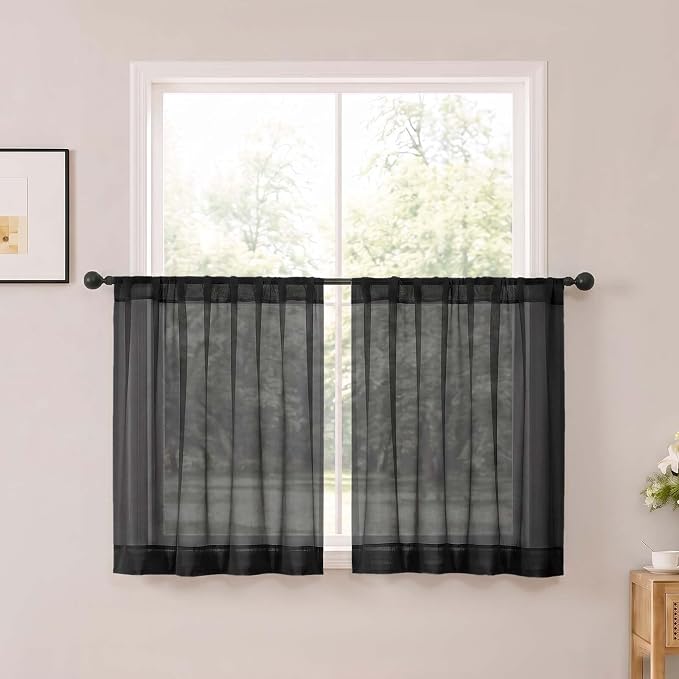 Black Short Sheer Cafe Kitchen Curtains 36 Inch Length 2 Panels Set | Half Curtains for Living Room Bedroom Basement Bathroom Small window, Sheer curtain over sink, Rod Pocket, Each 42"W x 36"L by OWENIE