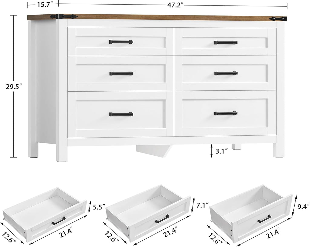 47.2" Dresser for Bedroom, White 6 Drawer Dresser with Metal Handles, Wood Dressers & Chests of Drawers for Closet, Farmhouse Dressers for Bedroom, Entryway, White - Image 2