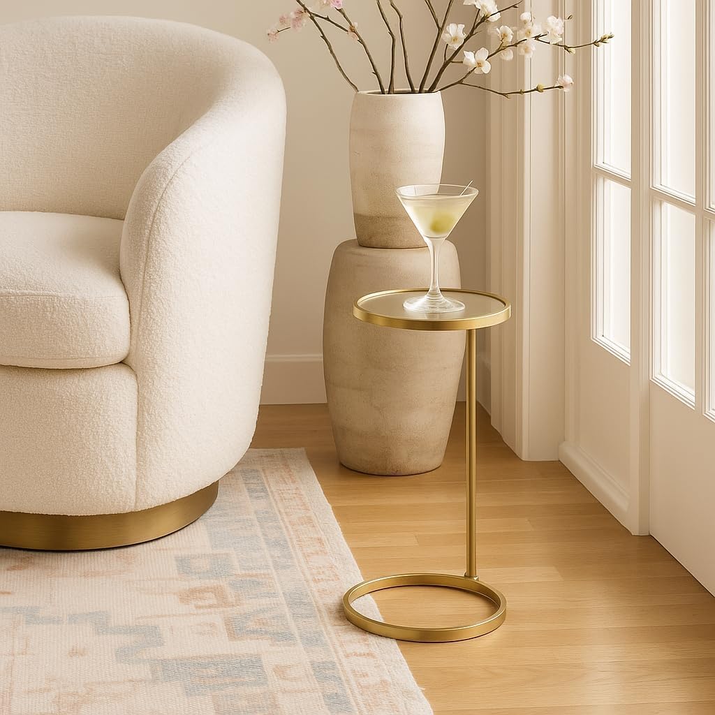 TEHOME Gold Glass Drink Table Metal Martini Round Small Drink Side Table for Couch Tempered Glass C Shaped End Table for Sofa 10" diam,24.55" h by TEHOME