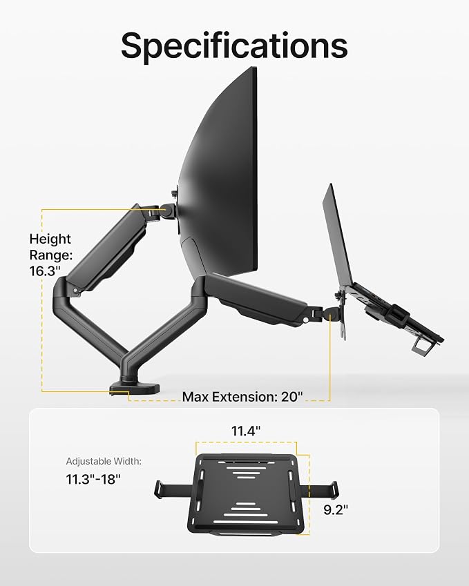 monTEK 2-in-1 Laptop & Monitor Desk Mount, Fits 12–18"Laptops & 32" Screens | 2-in-1 Desk Mount with Removable Vented Laptop Tray, Full Motion Arm with Clamp/Grommet Base, 75/100 VESA Mount - Image 8