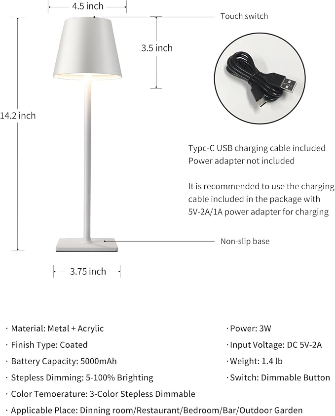 KDG 2 Pack Cordless White Table Lamps, Rechargeable Portable LED Desk Lamps | 5000mAh Battery Operated 3 Color Stepless Dimming Up for Restaurant, Bedroom, Outdoor Party, Camping, Coffee Shop, Nightlight - Image 5
