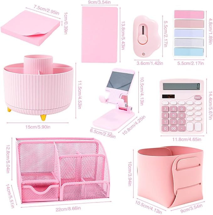 Gawsey Desk Organizers and Accessories with Desk Organizer 360° Rotating Pen Holder and Office Supplies, Cute Stationery Supplies Set (Pink) - Image 3