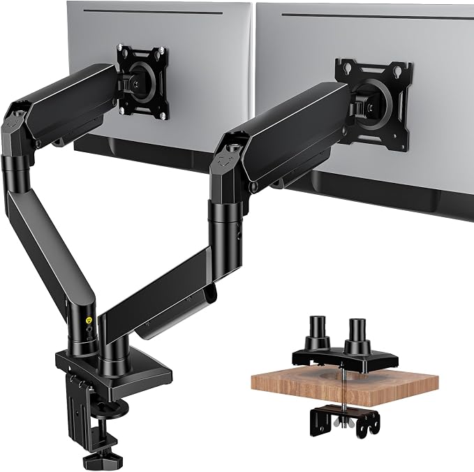 Dual Monitor Stand Adjustable Monitor Desk Mount for 17″–32″ Computer Screens, Full Motion VESA Pattern 75x75/100x100 with C-Clamp & Grommet Aluminum Base, Each Arm Holds 4.4 to 20 lbs HD09B-201 by HEMUDU
