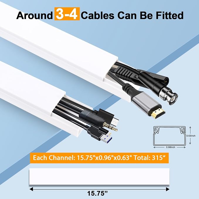 Cord Hider, RAZCC 315 Inch Cable Cover Raceway Kit for Cable Management, Wire Covers for Cords, Cord Covers for Wires on Wall, Simple and Easy Installation, 20 Pack Wire Hider, White - Image 2