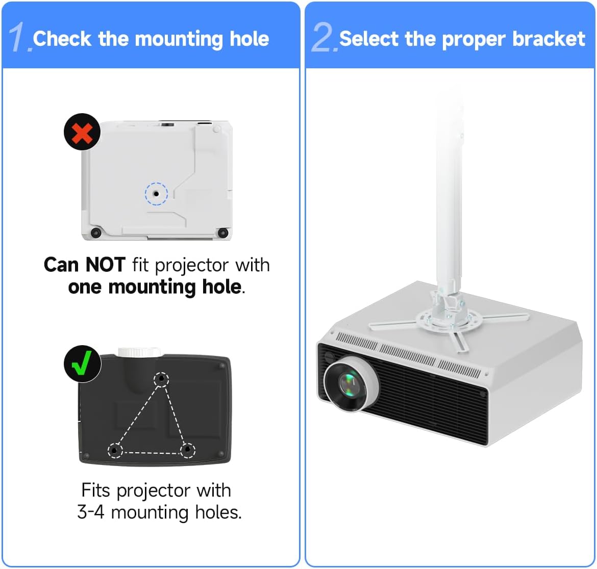 suptek White Projector Ceiling Mount Bracket Fits Flat or Sloped Ceiling Height Adjustable with Extendable Length 30.7-49.21inch,for LCD/DLP Projectors,White (PR05LW) - Image 3