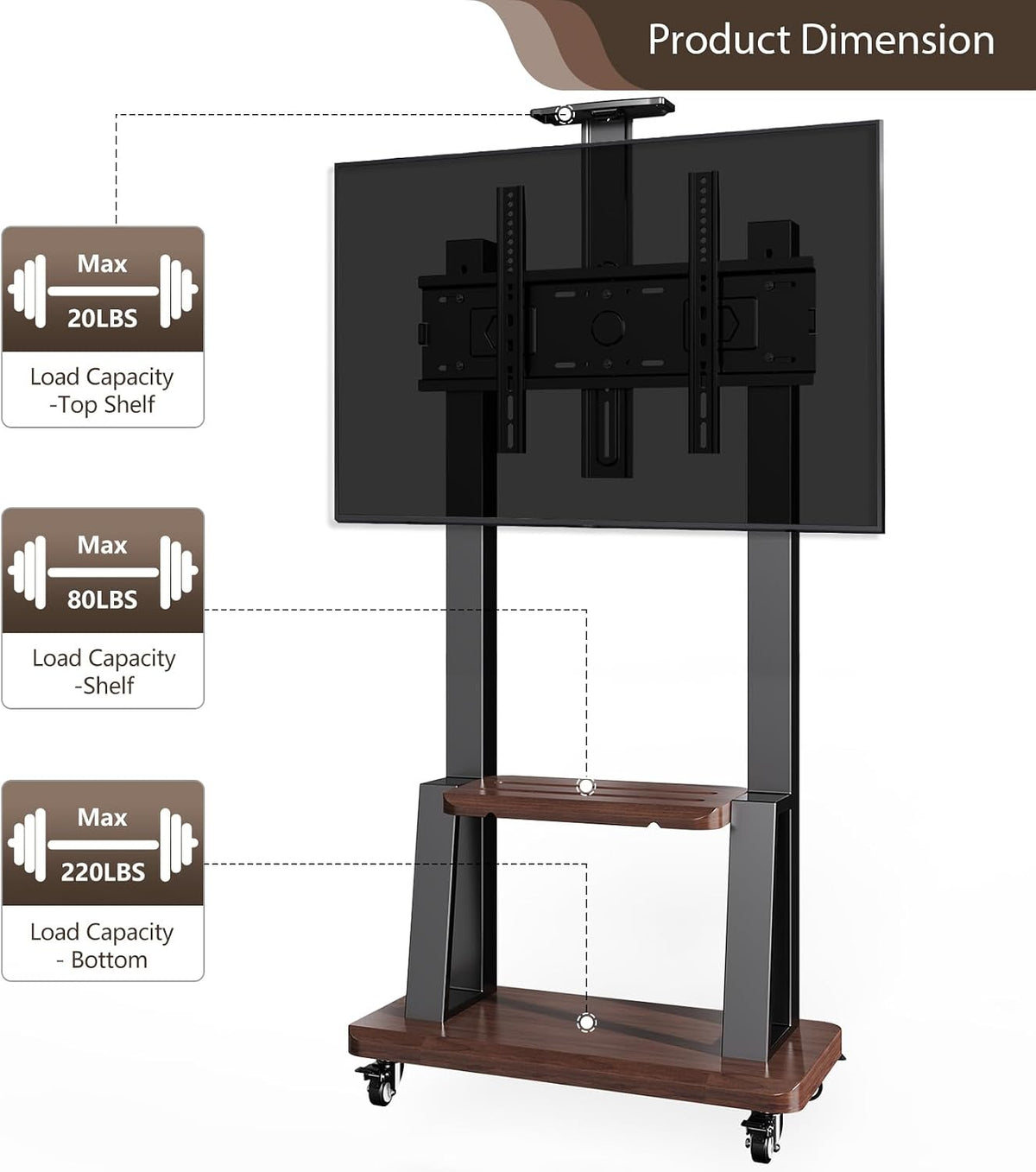 Height Adjustable Mobile TV Stand for 32-75" TVs,180 lbs Black - Image 3