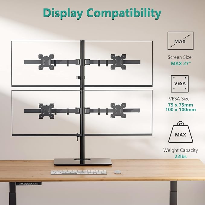 WALI Freestanding Quad Monitor Mount for 17-27 Inch Screens, Fully Adjustable 4 Monitor Stand with Swivel, Tilt, Rotation, Glass Base, Max Load 22 lbs per Arm (GMF004), Black - Image 3
