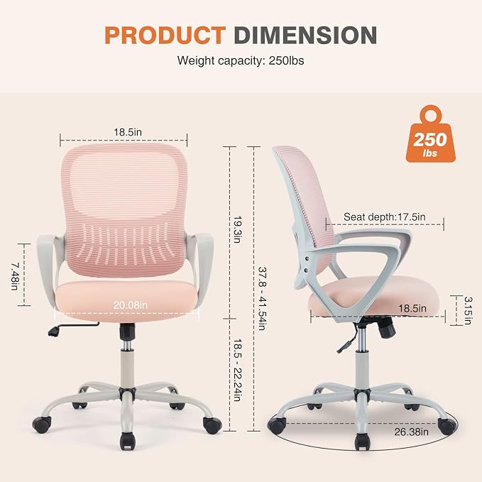 Sweetcrispy Ergonomic Home Office Desk Chair, Managerial Executive Chair | Mid-Back, Comfortable Armrests and Lumbar Support, 360° Rolling Wheels, Bedroom Study Room, Pink - Image 2