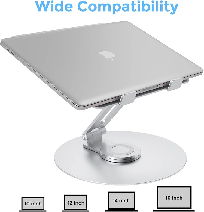 Swivel Laptop Stand for Desk, Adjustable Height Aluminum Computer Stand with 360 Rotating Base, Foldable Ergonomic Riser, Portable Laptop Holder Compatible with MacBook, All Laptops 10-17'', Chrome - Image 3
