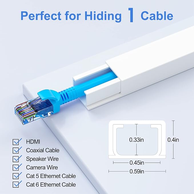 Yecaye Cord Hider, 113in One-Cord Cable Raceways, W0.59in H0.4in, White | TV Cord Covers for Wires on Wall, Easy Install Cable Management Kit for 2 Small Wires - Image 2