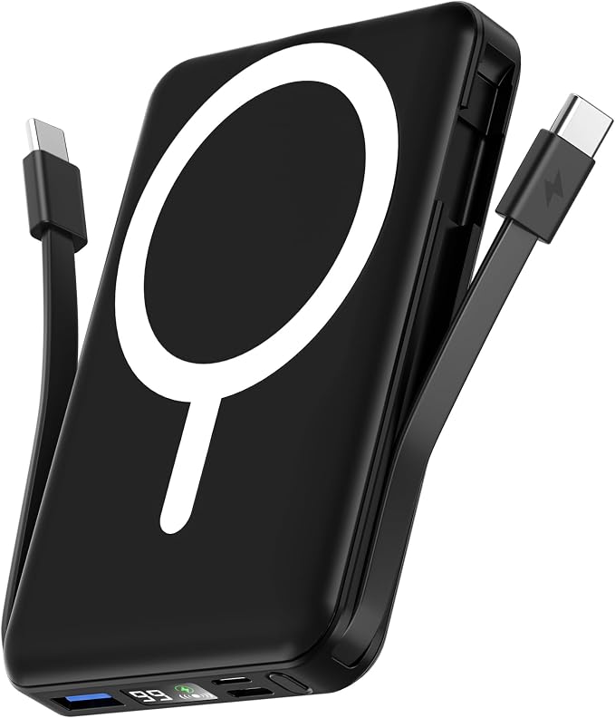 podoru for Magsafe Power Bank, 10000mAh Magnetic Portable Charger | Built-in Double USB-C Cables, 20W PD Fast Charging Wireless Battery pack for iPhone 17/16/15/14/13/12 Series-Black by PodoruPowerBank