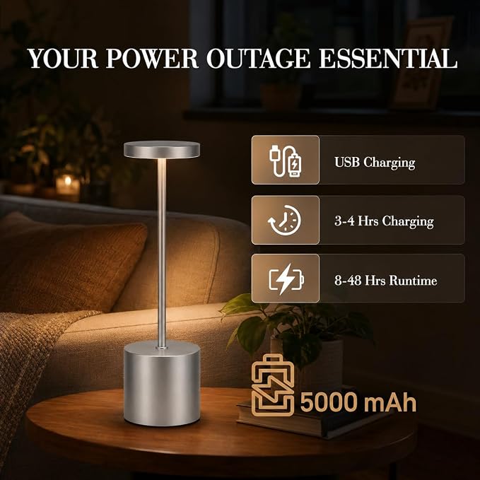AUDLES Silver Rechargeable Table Lamps 2 Pack, Cordless Battery Operated LED Desk Lamp with Touch Control, 3 Color Temperatures, Dimmable Portable Lamps for Bedroom, Dining Room, Patio, Restaurant - Image 6